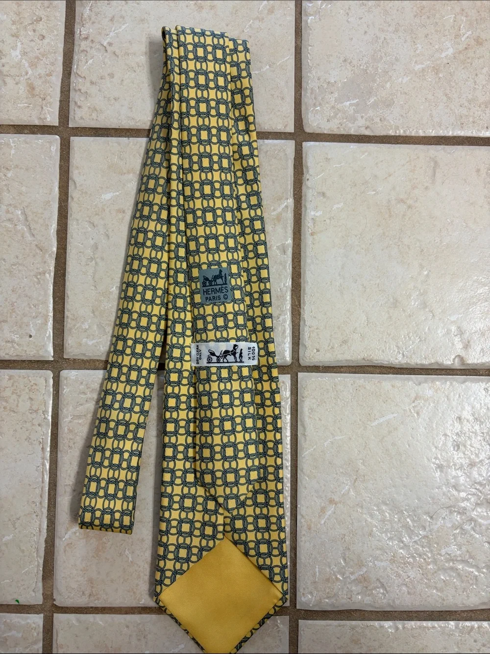 Hermes Yellow and Gray Interlocking Geometric Silk Tie